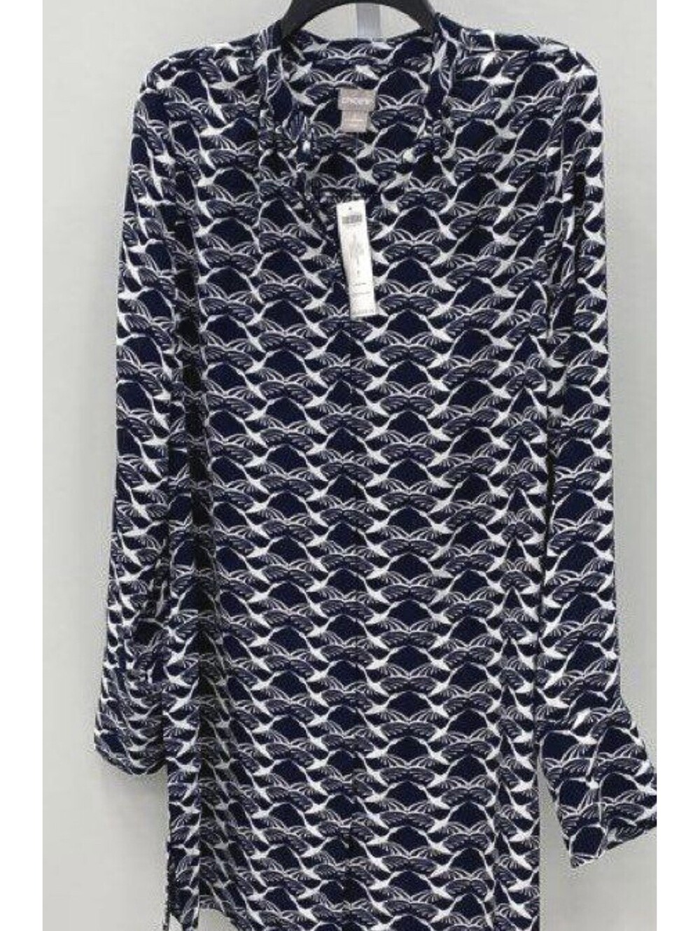 NWT Chico's Long Sleeve Classic Navy Bird Geometric Pattern Women's Tunic Size 1